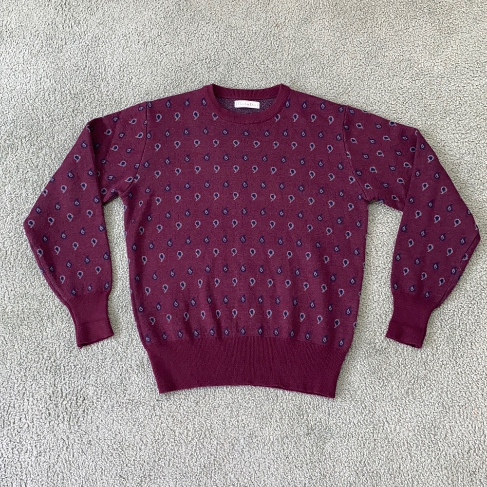 Vintage 80s Christian Dior Pullover Paisley Wool Knit Sweater